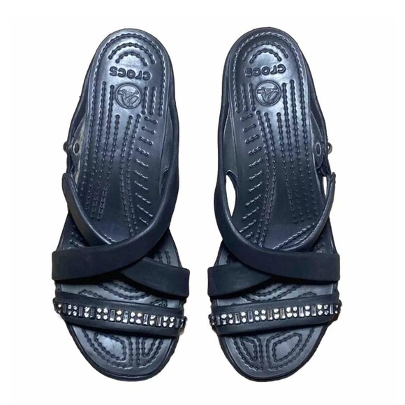 Crocs Cyprus IV Black Heeled Sandals with Rhinestones NEW Sz.9 - Picture 3 of 8